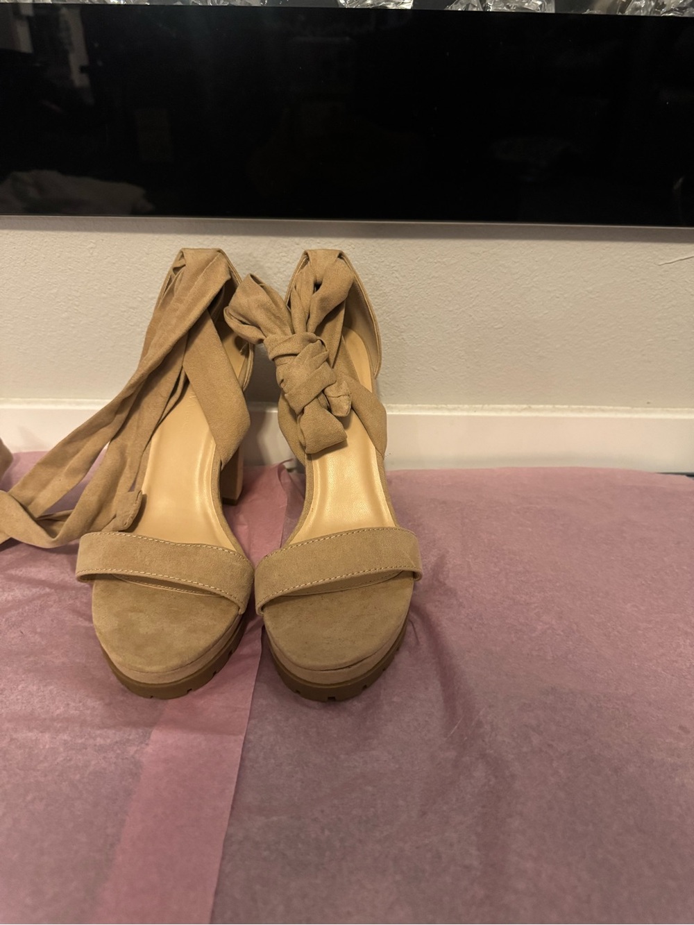 Fashion Nova Tan Suede Wrap Platform Heels